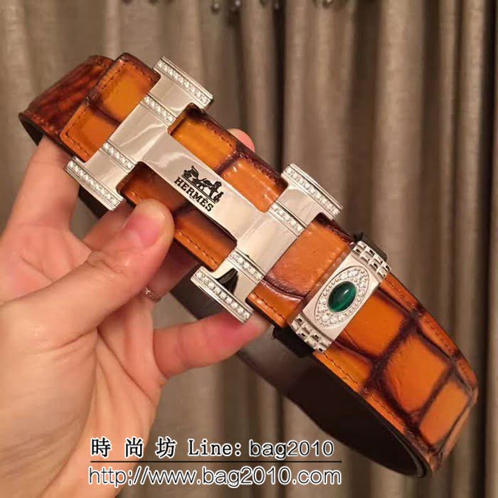 愛馬仕HERMES 純手工美洲鱷魚無拼接肚皮 海外專櫃 高端男士皮帶 HHG1291